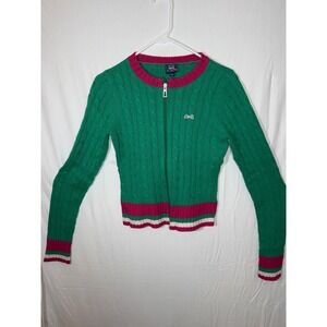 Le‎ Tigre Green Cable Knit Zip Up Sweater Pink Trim Size S